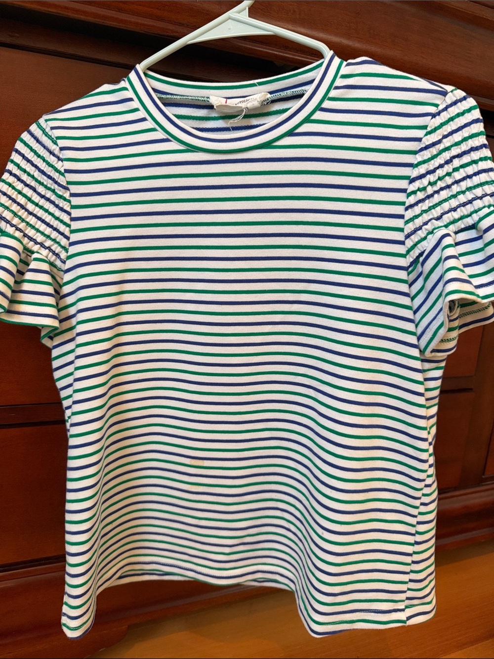 Anthropologie White Tee with Green & Blue Stripes